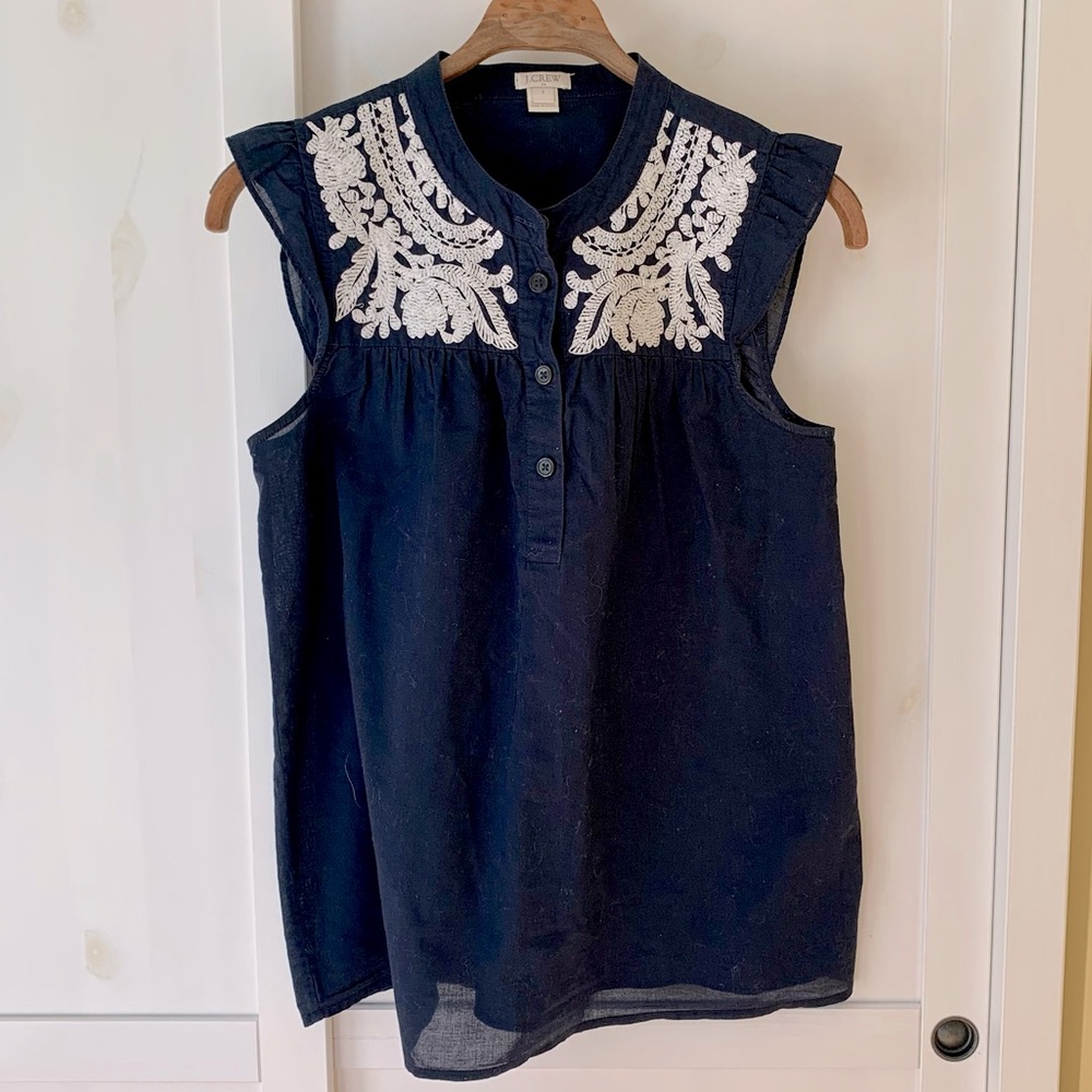 J. Crew Navy Cotton Blouse w Whitework Embroidery